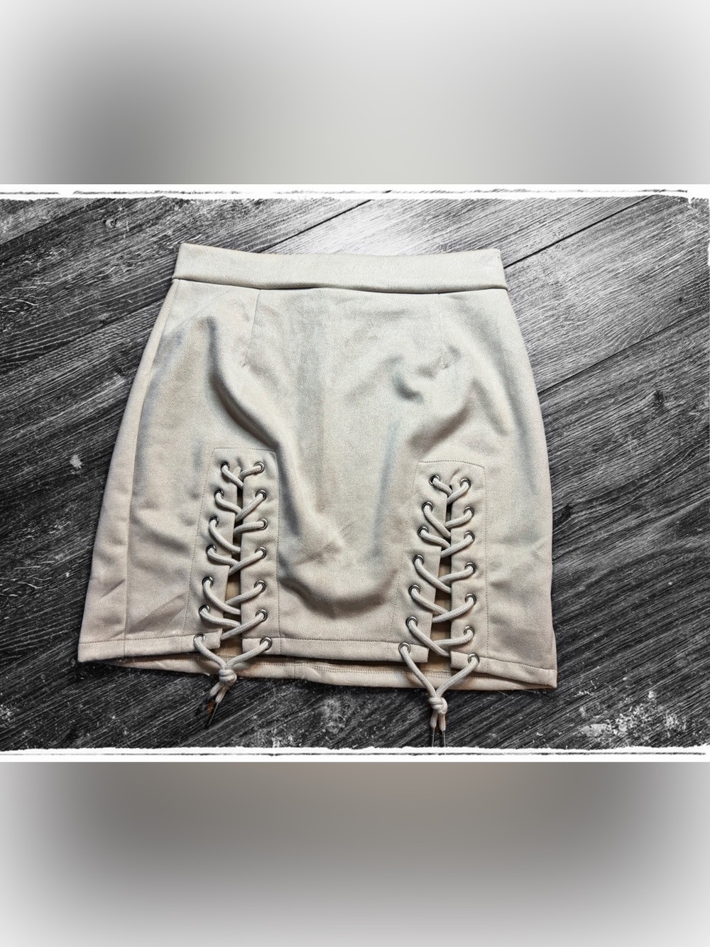 Cream Lace-Up Suede-Like Stretch Mini Skirt with Front Grommet Detail
